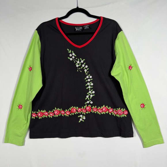 Crossing Pointe Tops - Vtg 90s Y2K Floral Embroidered Colorblock Top Med Cotton Black Lime Green NWOT